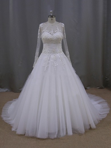 Scoop Neck Tulle Appliques Lace Long Sleeve Chapel Train Ivory Wedding Dress #LDB00021890