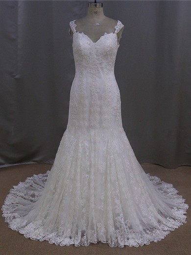 Court Train Open Back Ivory Lace Tulle Appliques Lace V-neck Wedding Dress #LDB00021894