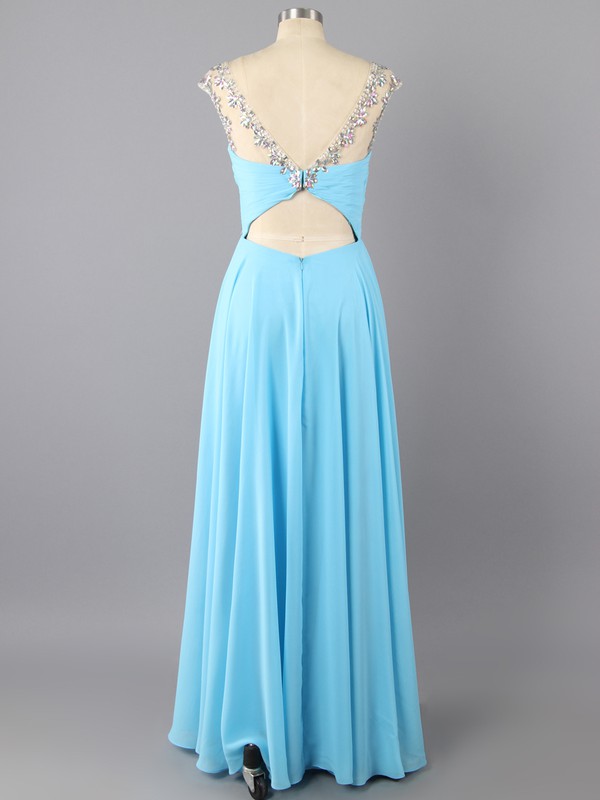 Empire Scoop Neck Blue Cap Straps Chiffon Beading Newest Long Prom Dress #LDB02016744