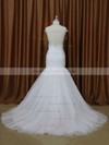 Court Train V-neck Tulle Appliques Lace White Cap Straps Wedding Dresses #LDB00021899