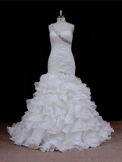 Ivory Chapel Train Organza Pleats Covered Button One Shoulder Wedding Dress #LDB00021900