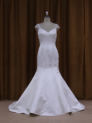V-neck Cap Straps Taffeta Beading Chapel Train Covered Button Wedding Dress #LDB00021911