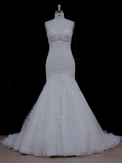 Trumpet/Mermaid For Less Lace Tulle Beading Ivory Sweetheart Wedding Dress #LDB00021915