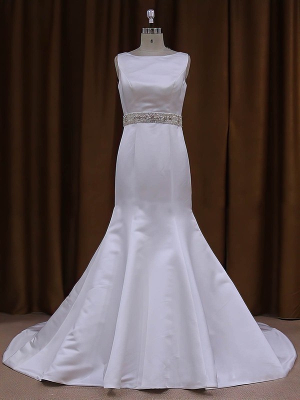 White Covered Button Scoop Neck Satin Sashes / Ribbons Court Train Wedding Dresses #LDB00021917