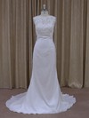 Sheath/Column Lace Chiffon Sequins Cap Straps Covered Button Scoop Neck Wedding Dress #LDB00021942