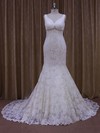 Beautiful Trumpet/Mermaid Ivory Lace Tulle Appliques Lace V-neck Wedding Dress #LDB00021964