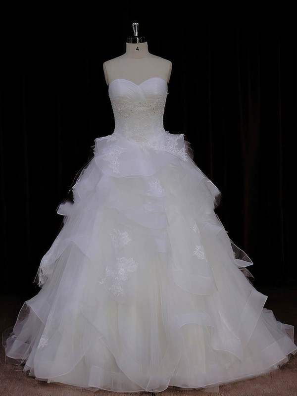 Princess Great Ivory Tulle Appliques Lace Sweetheart Wedding Dresses #LDB00021988