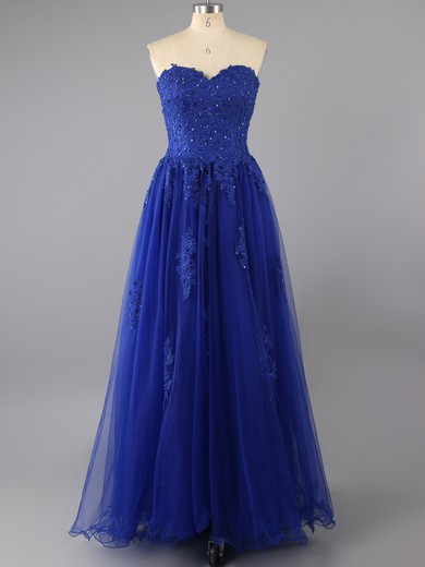 Noble Sweetheart Tulle with Appliques Lace Royal Blue Floor-length Prom Dresses #LDB02014224