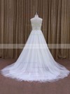 Scoop Neck A-line White Lace Tulle with Sequins Modest Wedding Dresses #LDB00021637