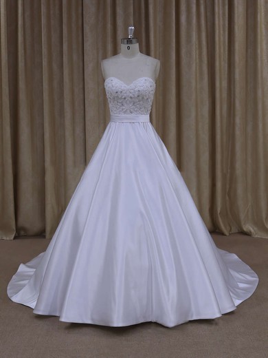 Elegant Ivory Sweetheart Satin Beading Court Train Wedding Dresses #LDB00021686