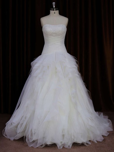 A-line Tulle Beading Sweep Train Ivory Strapless Wedding Dress #LDB00021766