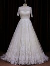 Ivory Scoop Neck Lace Sequins Court Train Short Sleeve Wedding Dress #LDB00021782
