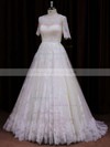 Ivory Scoop Neck Lace Sequins Court Train Short Sleeve Wedding Dress #LDB00021782
