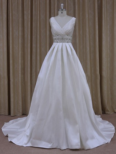Gorgeous Satin with Beading Court Train Ivory V-neck Wedding Dress #LDB00021790