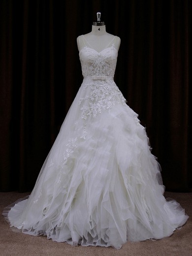 Tulle V-neck Appliques Lace Court Train Nice Ivory Wedding Dress #LDB00021792