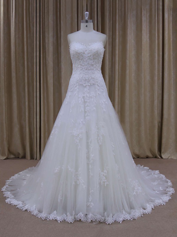 Great Sweetheart Court Train Tulle Appliques Lace Ivory Wedding Dress #LDB00021803