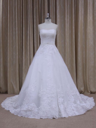 Latest Strapless Tulle Appliques Lace Chapel Train White Wedding Dress #LDB00021808