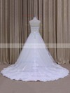 Latest Strapless Tulle Appliques Lace Chapel Train White Wedding Dress #LDB00021808
