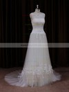 Ivory Scoop Neck Tulle with Appliques Lace Court Train Unique Wedding Dress #LDB00021819