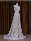Affordable V-neck Ivory Lace Elastic Woven Satin Beading Sweep Train Wedding Dresses #LDB00021825