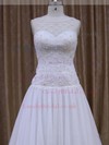 White Discounted Scoop Neck Tulle Appliques Lace Chapel Train Wedding Dresses #LDB00021832