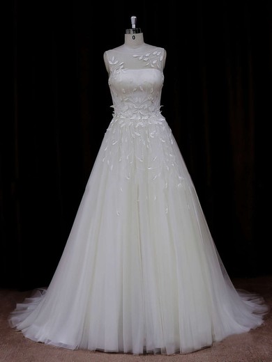 Princess Ivory Different Tulle Appliques Lace Scoop Neck Wedding Dresses #LDB00021834