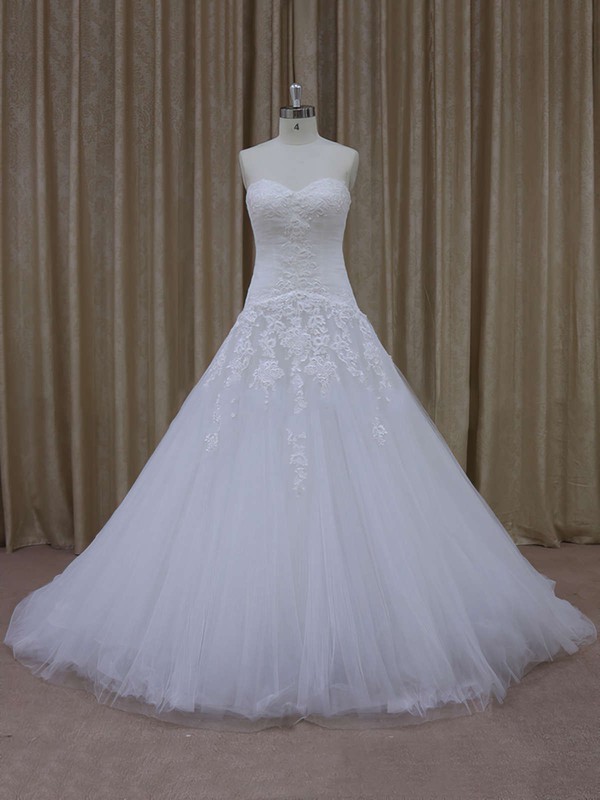 Ivory Court Train Tulle with Appliques Lace Popular Sweetheart Wedding Dresses #LDB00021844