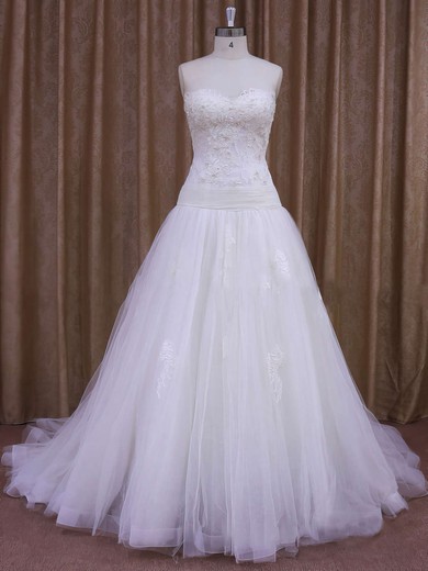 A-line Tulle with Appliques Lace Ivory Nice Court Train Wedding Dresses #LDB00021859