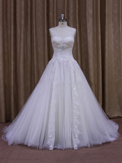 Great Chapel Train Tulle Appliques Lace White V-neck Wedding Dress #LDB00021860