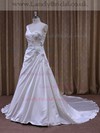 White One Shoulder Cheap Satin Beading Chapel Train Wedding Dresses #LDB00021862