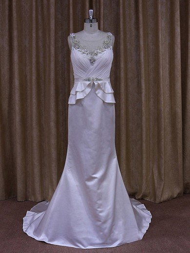 White Scoop Neck Elastic Woven Satin Beading Sheath/Column Wedding Dresses #LDB00021875