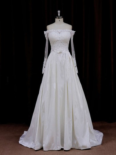 Expensive Taffeta Appliques Lace Ivory Off-the-shoulder Long Sleeve Wedding Dresses #LDB00021883