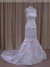 White Trumpet/Mermaid Satin Appliques Lace Unique High Neck Wedding Dresses #LDB00021923