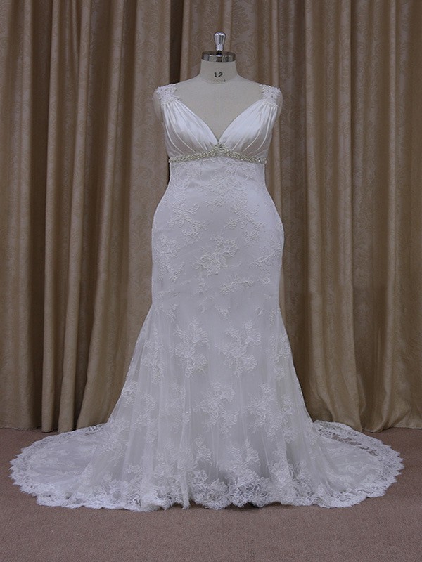 Best V-neck White Lace Silk-like Satin Beading Trumpet/Mermaid Wedding Dresses #LDB00021931