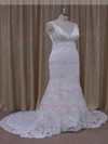 Best V-neck White Lace Silk-like Satin Beading Trumpet/Mermaid Wedding Dresses #LDB00021931