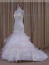 Trumpet/Mermaid White Satin Tulle Appliques Lace Sweep Train Wedding Dresses #LDB00021937