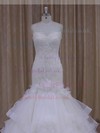 Trumpet/Mermaid White Satin Tulle Appliques Lace Sweep Train Wedding Dresses #LDB00021937