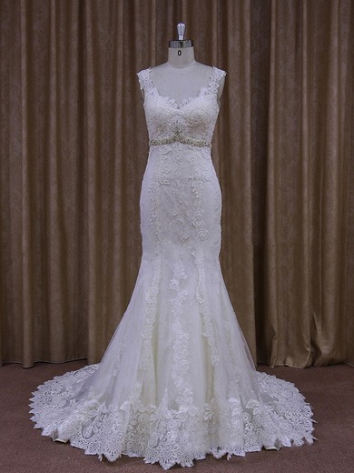 Trumpet/Mermaid Tulle Appliques Lace White V-neck Latest Wedding Dress #LDB00021945