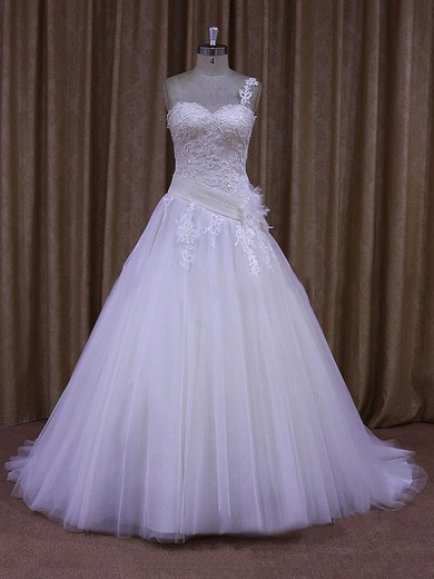 One Shoulder White Tulle Appliques Lace Pretty Ball Gown Wedding Dress #LDB00021947
