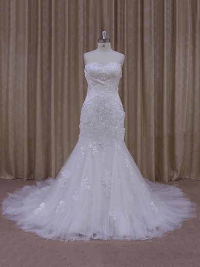 Tulle Appliques Lace White Court Train Trumpet/Mermaid Wedding Dress #LDB00021948