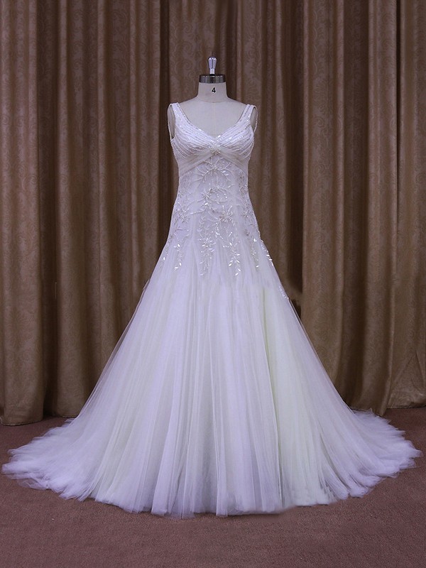 Discount Tulle with Beading Court Train White V-neck Wedding Dress #LDB00021960