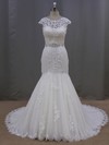 Scoop Neck Cap Straps Appliques Lace Ivory Tulle Trumpet/Mermaid Wedding Dress #LDB00021962