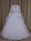Ball Gown Ivory Tulle Appliques Lace V-neck Long Sleeve Wedding Dress #LDB00021982