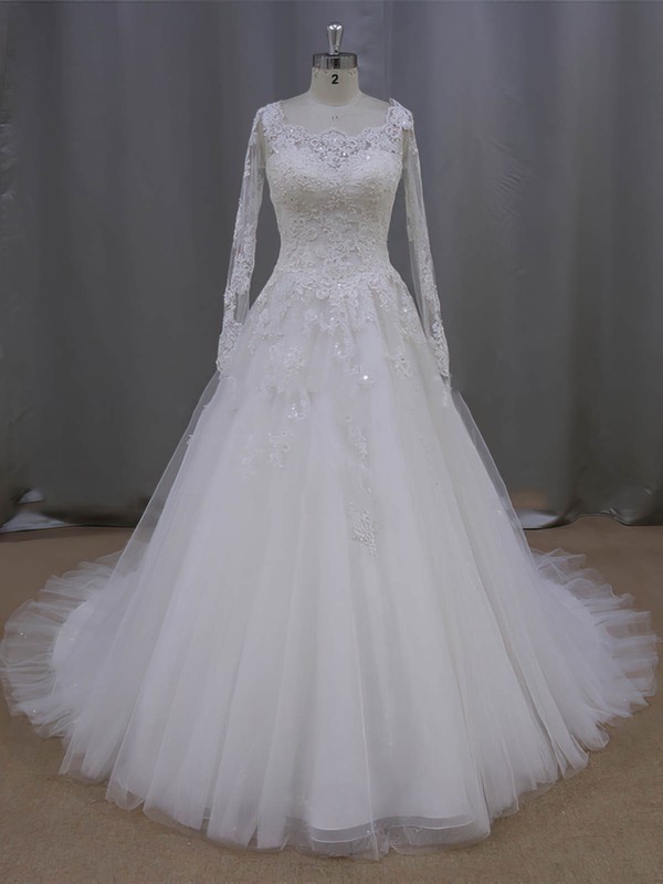 Long Sleeve Scoop Neck Ivory Tulle Beading Appliques Lace Wedding Dress #LDB00021996