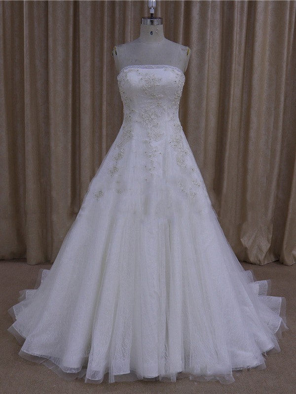 Court Train Lace-up Tulle Satin Appliques Lace Ivory Strapless Wedding Dresses #LDB00021999