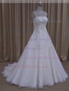 Court Train Lace-up Tulle Satin Appliques Lace Ivory Strapless Wedding Dresses #LDB00021999