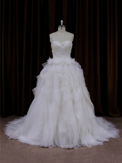 Princess Lace-up Tulle Cascading Ruffles Ivory Sweetheart Wedding Dresses #LDB00022003