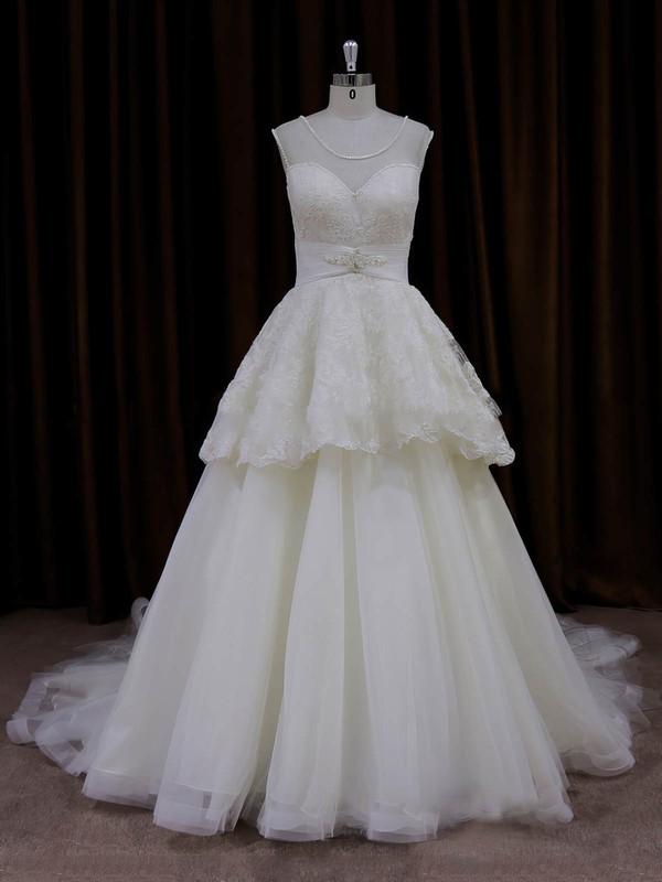 Ivory Scoop Neck Lace Tulle Beading Princess Discount Wedding Dress #LDB00022004