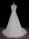 Modest A-line Lace Tulle Crystal Detailing Ivory Court Train Wedding Dress #LDB00022006
