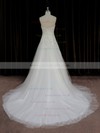 Modest A-line Lace Tulle Crystal Detailing Ivory Court Train Wedding Dress #LDB00022006